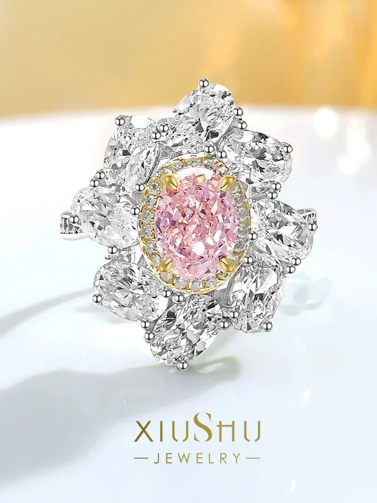 

Роскошное и модное кольцо из серебра 925 пробы с розовым бриллиантом овальным цветком, в комплекте с высокоуглеродистыми бриллиантами, ювелирные изделия для помолвки