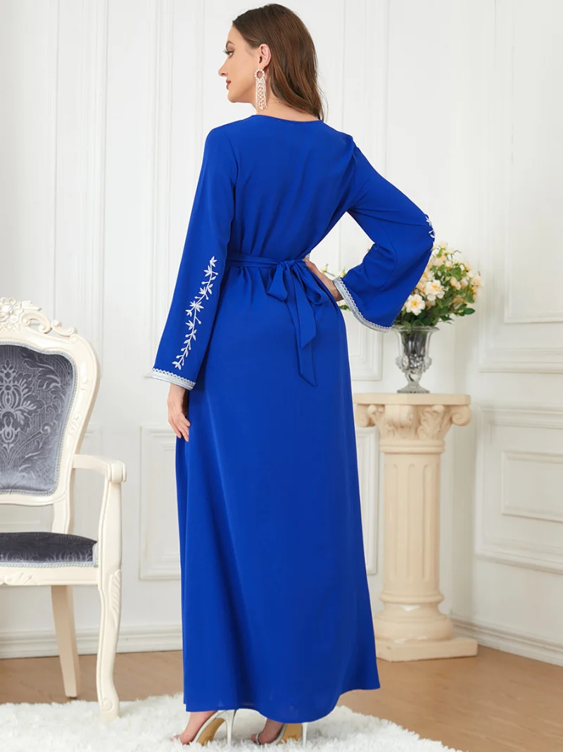 Embroidered Kaftan Arabic  Dress Women Lace Trimming Moroccan Caftan Muslim Long Dresses Eid Ramadan Dubai Abaya Blue Autumn