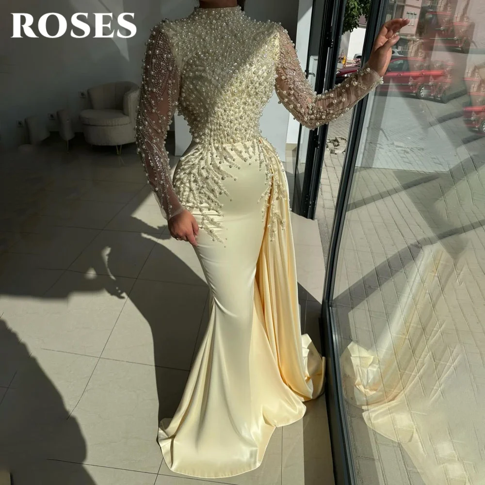 Фото Желтое вечернее платье ROSES с бисером и жемчугом, сексуальное платье-труба с длинными рукавами, нарядное платье для выпускного вечера, вечеринки, баловое платье, на заказ №1