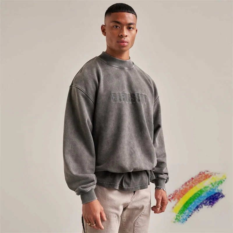 

Vintage Grey Represent Sweatshirts Men Women 1:1 High Quality Chest Represent Embroidered Hoodie Oversized fit Pullovers