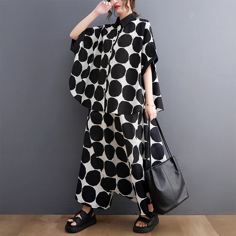 

SuperAen 2022 Summer New Thin Loose Batwing Sleeve Shirt Casual Polka-dot Printing Harem Pants Two-piece Suit