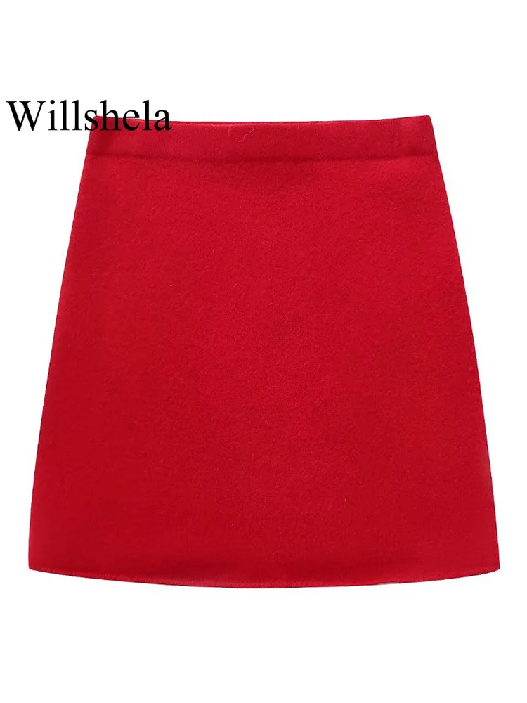 

Willshela Женская мода красная шерстяная мини-юбка винтажная высокая эластичная талия женские шикарные женские юбки