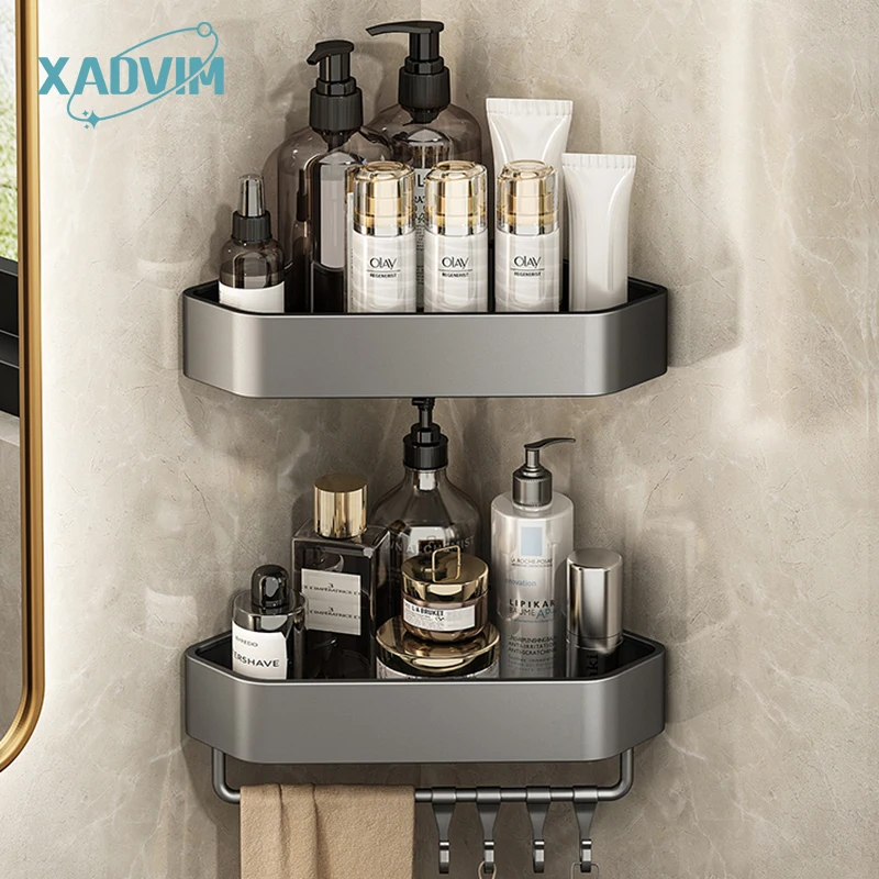 

2/3/4 Layer No-Drilling Bathroom Shelf Space Aluminum Corner Shelves Gun Grey Bathroom Organizer Towel Bar Bathroom Accessories