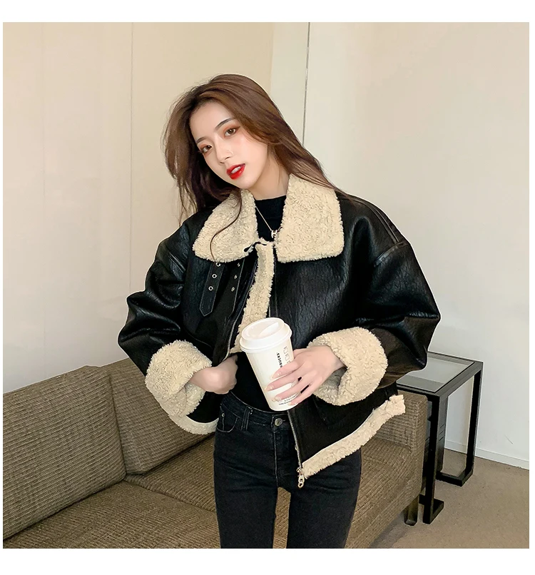 Women High Quality Black Motorcycle Jacket Thermal Padded Warm Parkas Short Design Lamb Fur Flight Coat black korean brown