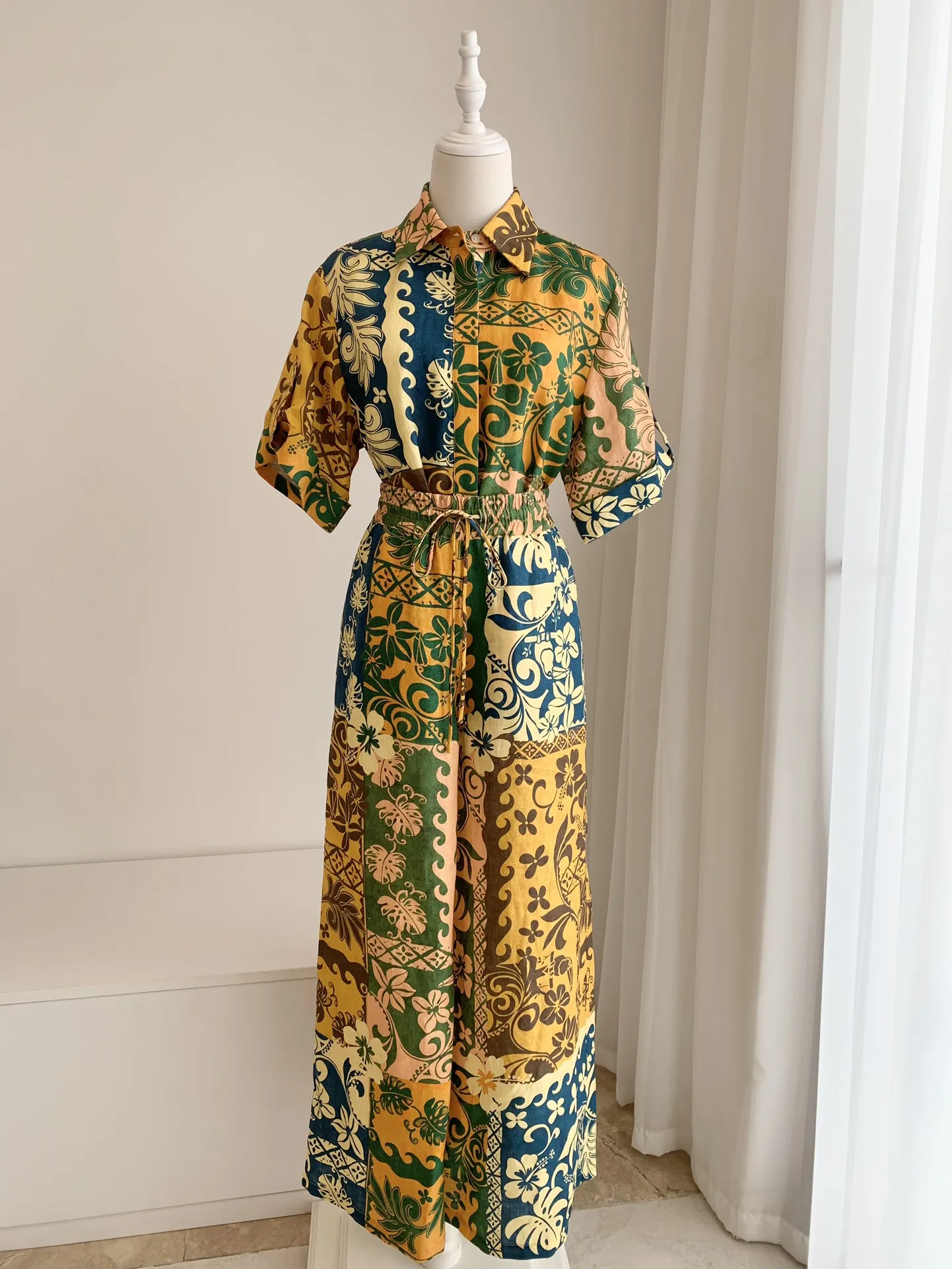 

Women Blouse Vintage Patchwork Printed Turn-down Collar Single Breasted Shirt Or Elastic Waist Wide Leg Pants