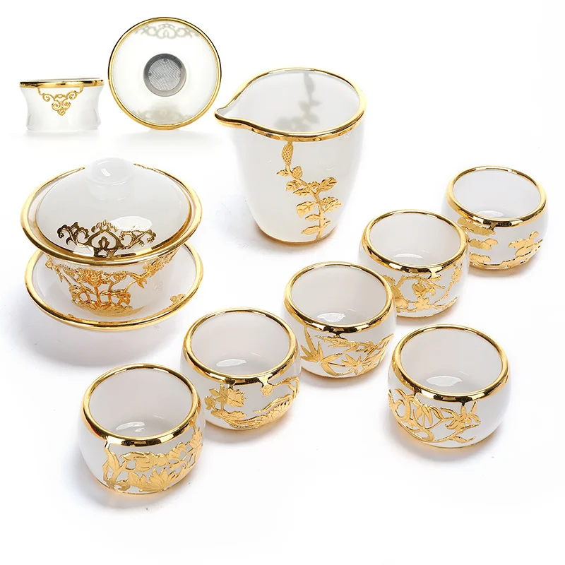 

Gold Inlaid with Glass Kung Fu Tea Silver Plated Cover Teacup Pitcher Complete Set Jade Porcelain Gift Box