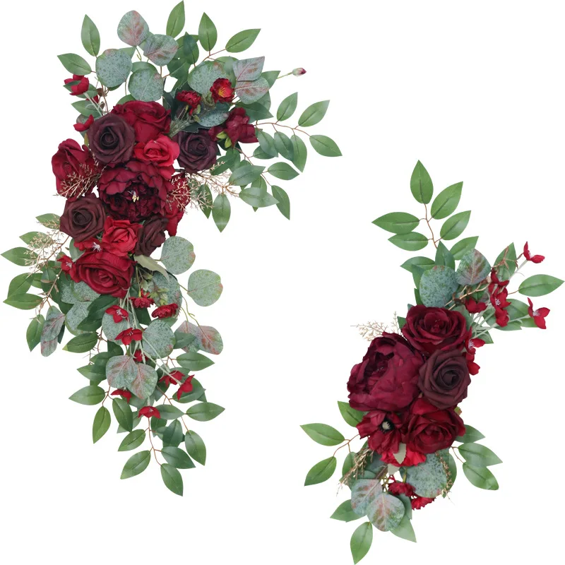 2Pcs Artificial Flower Wine Red Wedding Background Garland Decoration Welcome Card Logo Props Party Layout Arch Fake Flower Row