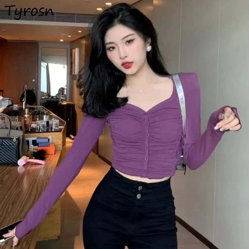 

T-shirts Women Design Folds Fashion Slim Square Collar Cozy Tender Elegant Sexy All-match Solid French Style Temperament Tops