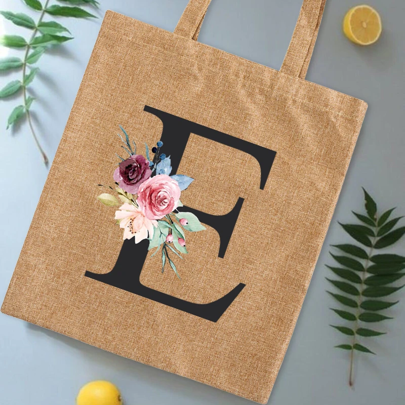 Women Linen Shopping Bag Casual Large-capacity Letter Initial Name Pattern Printed Canvas Shoulder Reusable Tote |