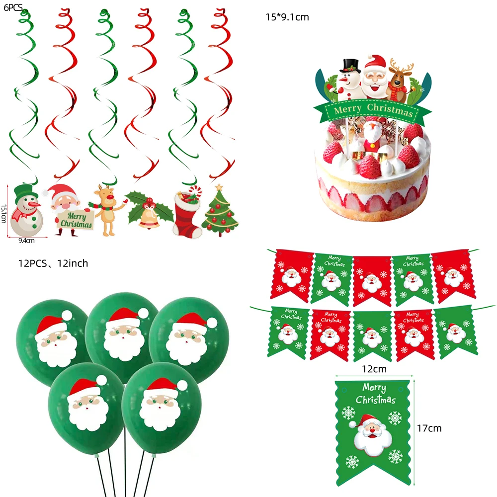 

64pcs Merry Christmas Theme Party Disposable Tableware Party Balloons Baby Shower Party Decorations Santa Claus Banners Flag