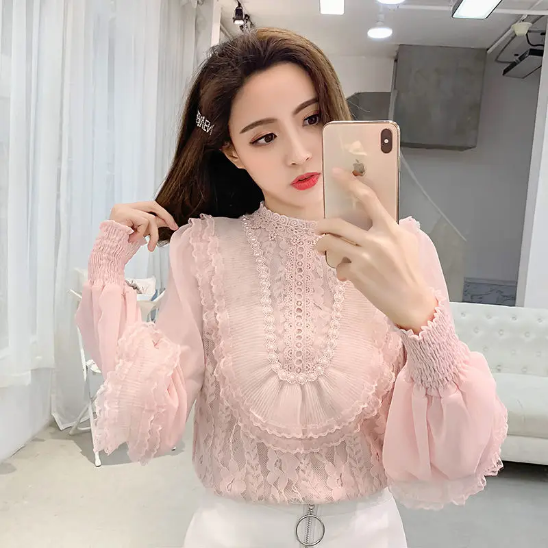 

Blouse Women Lace Long Sleeved Shirt Women's Lantern Sleeve Beaded Chiffon Blouse Blusas Ropa De Mujer Spring Autumn J189