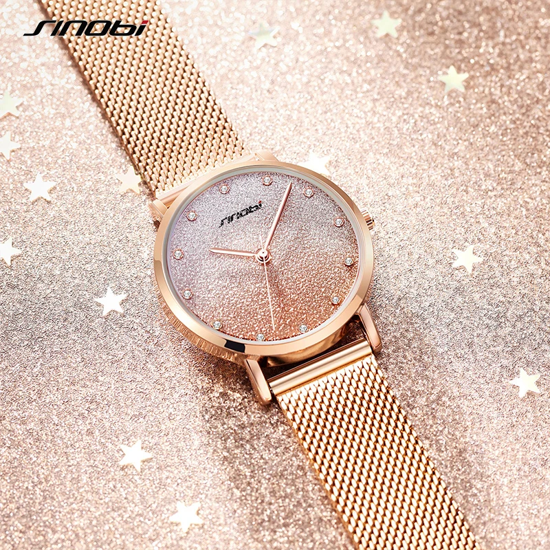 Часы наручные Sinobi Женские кварцевые модные роскошные золотистые с бриллиантами