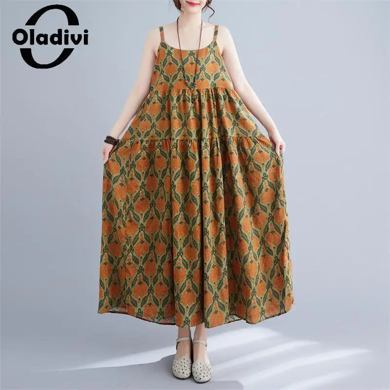 

Oladivi Модный женский сарафан без рукавов богемное платье 2023 Летние повседневные свободные платья винтажная Женская одежда оверсайз 5189