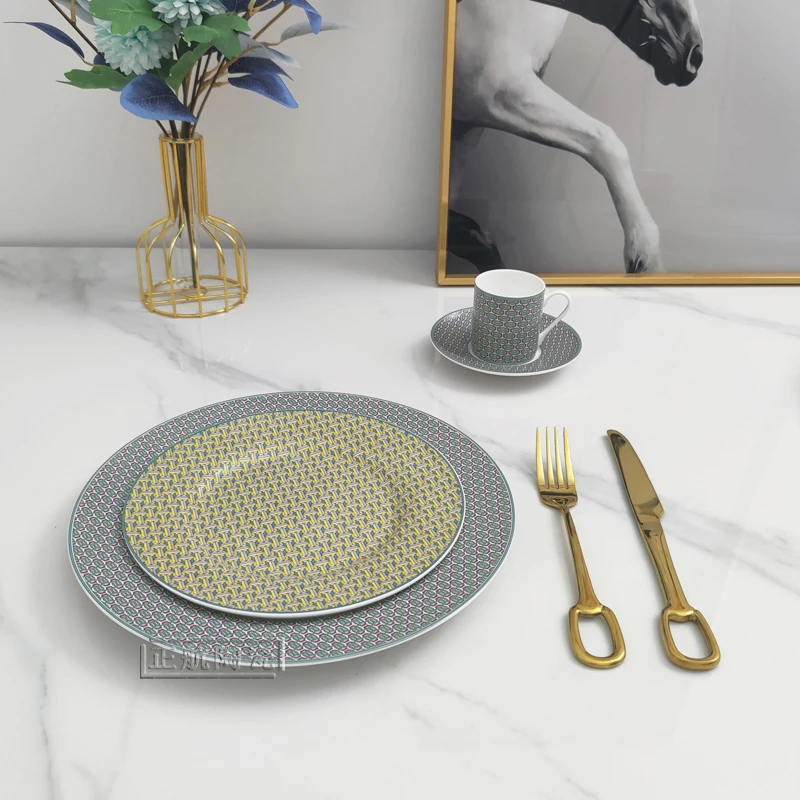 

Nordic Creative Geometric Design Plate Glazed Ceramic Steak Dinner Plate Round Plus Coffee Cup Kitchen Tableware Home Décor