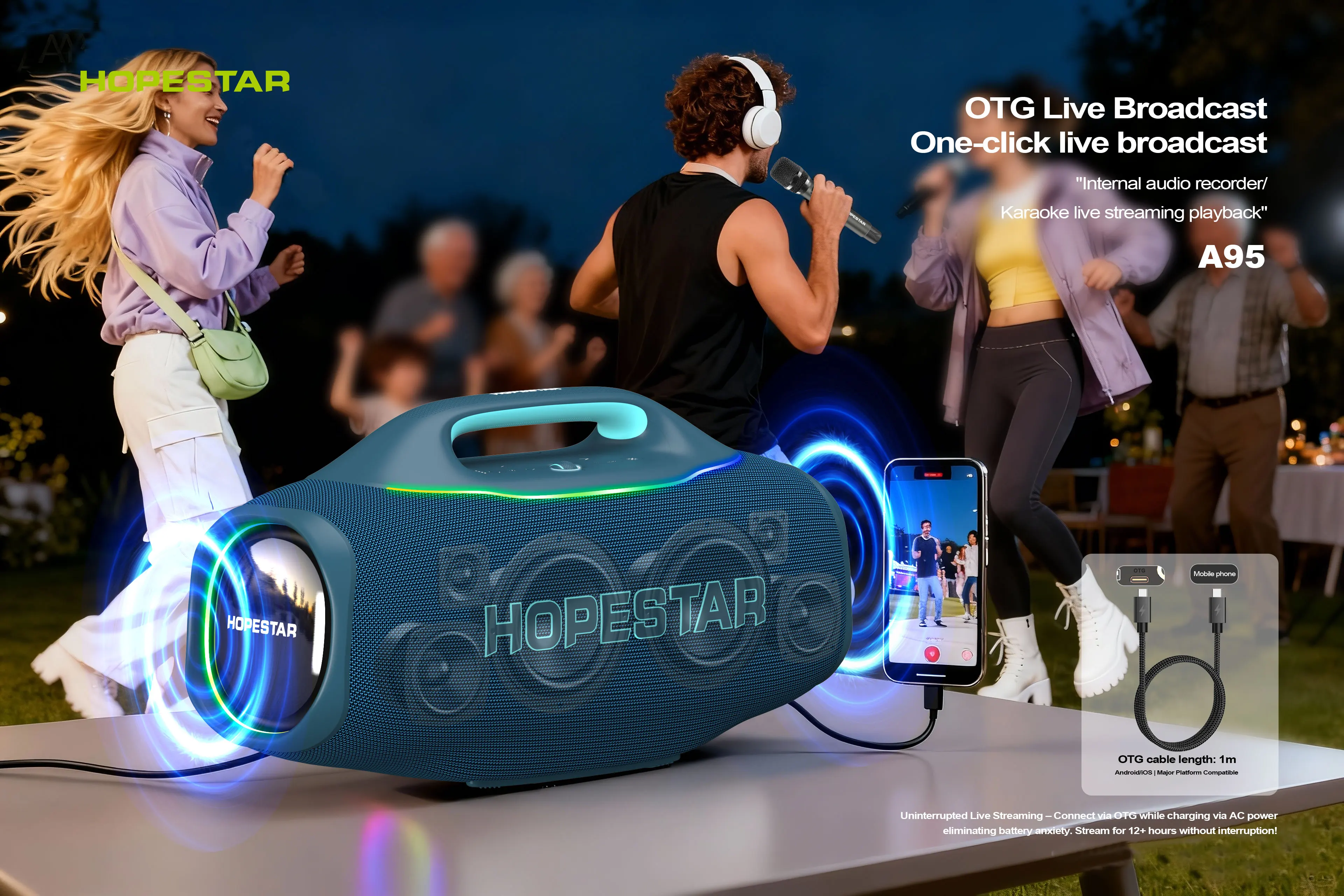 Фото Портативная Bluetooth-колонка HOPESTAR A95 580W с беспроводным микрофоном UHF, аккумулятором 40000 мАч, RGB-подсветкой и функцией AuraCast для использования на улице №4