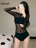 senecinet design sexy hollow out bodysuit fashion transparent patchwork black rompers tops summer korea ins slim jumpsuits 2022