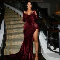 gorgeous burgundy velvet prom dresses sexy side high split evening gowns african sweep train sleeveless formal party dress