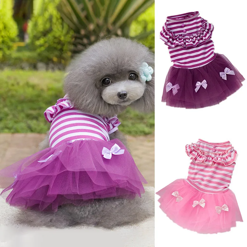 

Полосатая юбка для домашних животных, милое весенне-летнее платье принцессы с бантом, модное кружевное платье для собак и кошек, одежда для ...