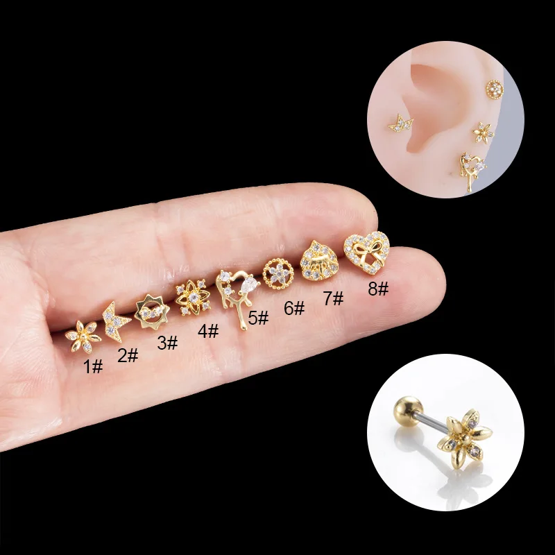 

1PC 20G Stainless Steel Fashion Flowers Zirconia Cartilage Cz Earring for Women Heart Helix Ear Studs Piercing Jewelry