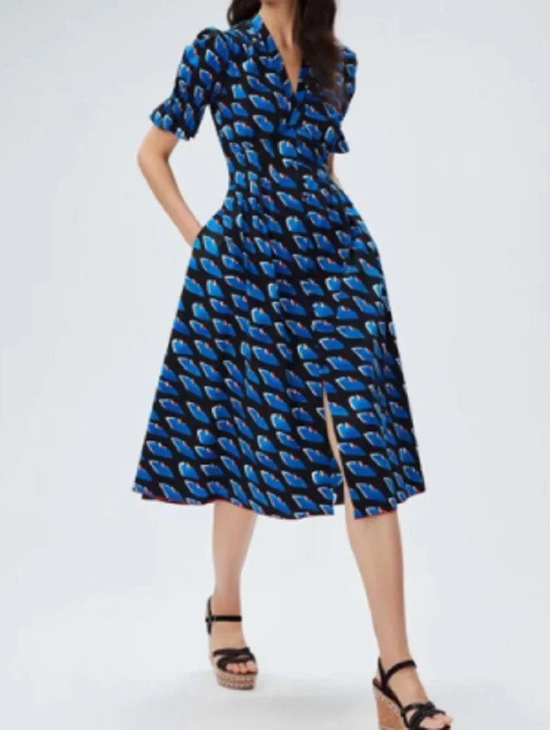 

Women Midi Robe Printed Single Breasted Ruffles Vintage Dress