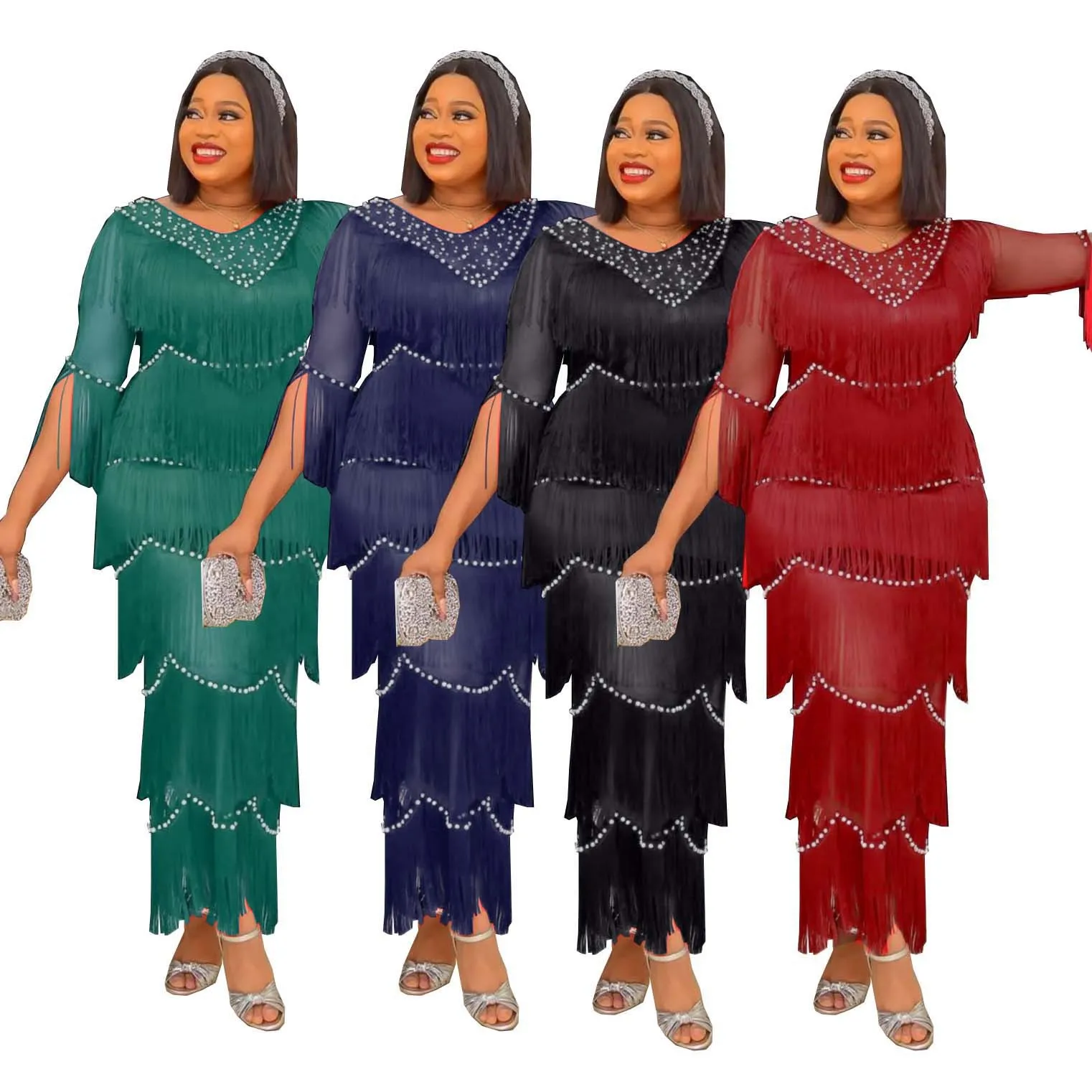 

GuyaWax Sexy Tassel Beaded African Dresses for Women 2022 Clothes Diamonds Long Maxi Dress Party Daily Elegant Robe Longue Femme