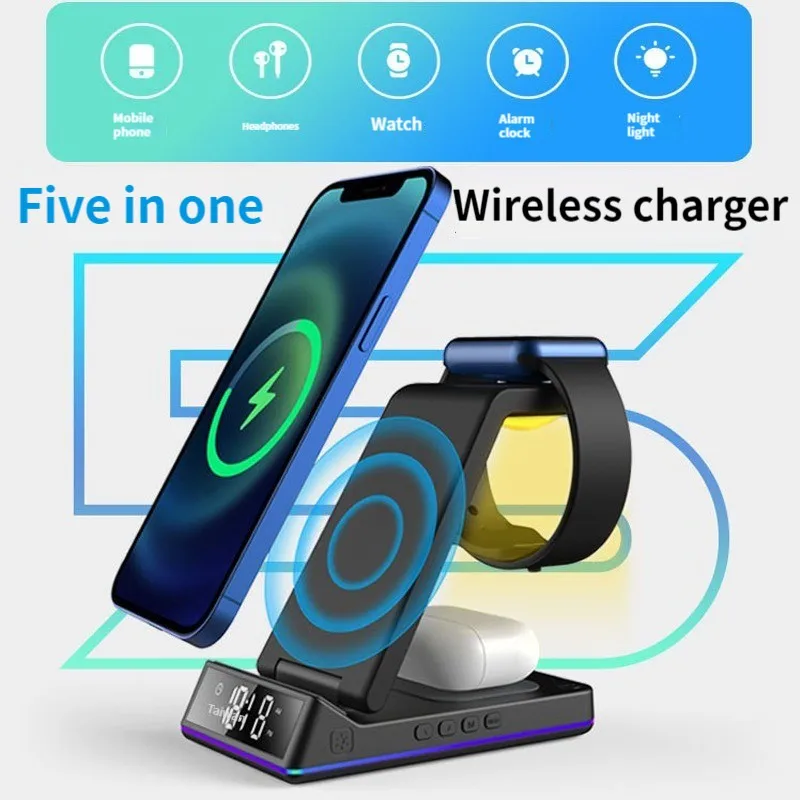 Беспроводная зарядная подставка 15 Вт для IPhone13 12 11 Pro XR Samsung iWatch AirPods, зарядная станция для телефона с часами и подсветкой