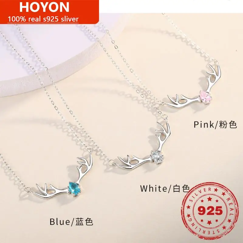 

HOYON 100% real s925 sterling silver elk horn necklace female clavicle chain simple pendant silver for woman 2022 jewelry new