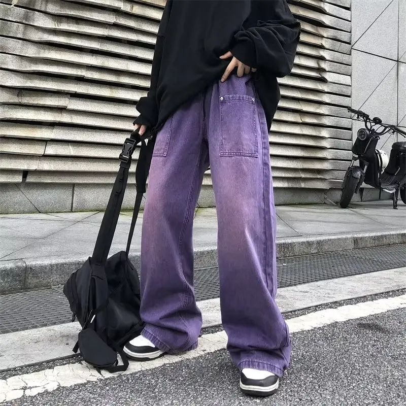 Purple Jeans for Men Spring and Autumn Straight Loose Trousers Oversize Casual Wide Leg Pants High Street Fashion Male Clothing