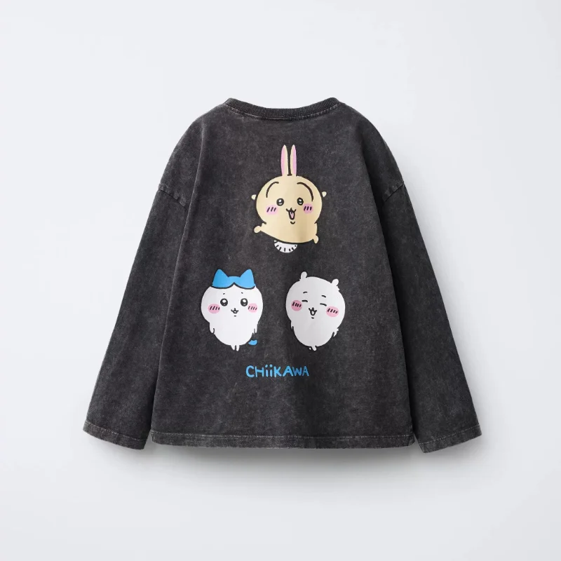 Фото Детская одежда Chiikawa Hachiware Usagi Kawaii с аниме-принтом, круглым вырезом, для отдыха, цвет антрацитовый серый, удобная, с длинными рукавами №2