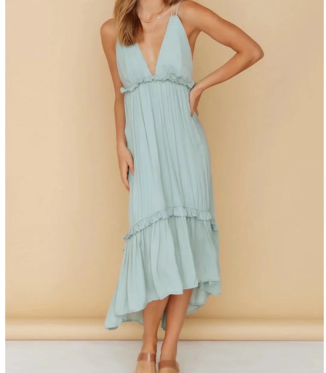 

Женский сарафан средней длины без рукавов с открытой спиной и V-образным вырезом, Пляжное однотонное ТРАПЕЦИЕВИДНОЕ ПЛАТЬЕ с оборками, 2022