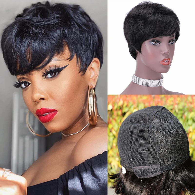 

Soft Brazilian PrePlucked Cheap Short Straight Pixie Cut Bob Wigs HumanHair Wigs Full Machine Made Wig For Black Women BabyHair