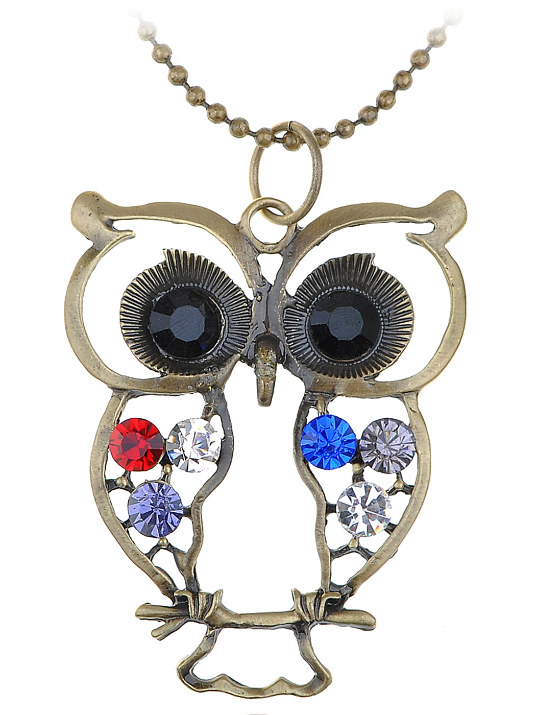 

Brass Tone Colorful Crystal Rhinestone Big Eyed Perched Owl Pendant Necklace