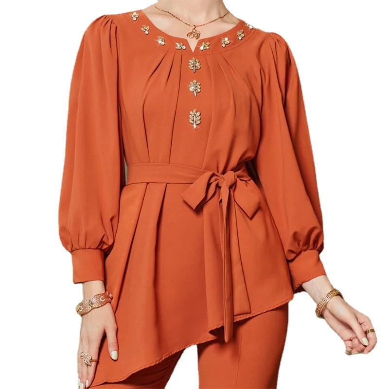 Modest Two Piece Sets Round Neck Fashion Diamonds Mermaid Long Top For Muslim Girls  Women's Trouser And Blouse Sets