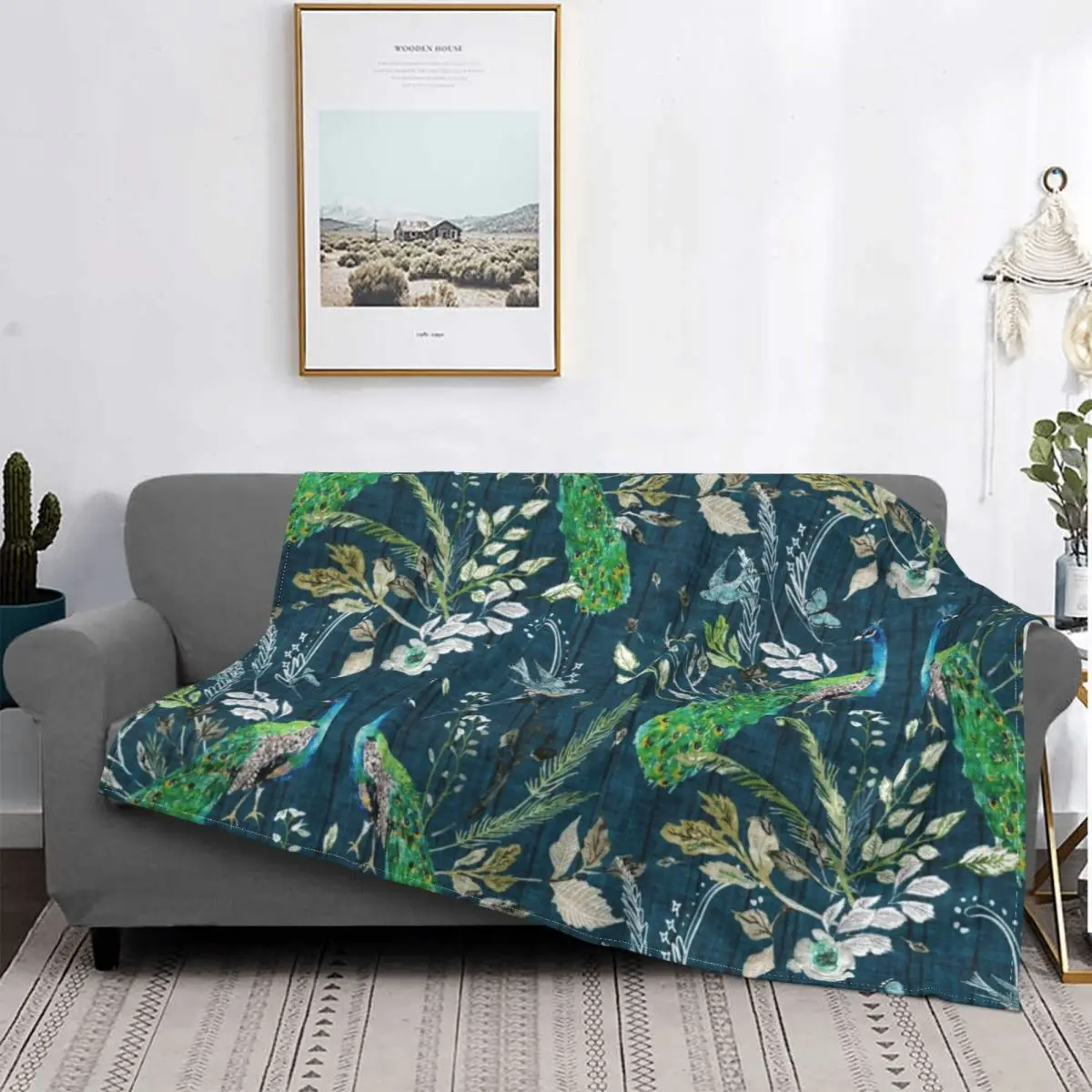 

Peacock Chinoiserie Teal Bohemian Blanket Flannel Print Multifunction Ultra-Soft Throw Blankets for Bed Travel Carpet