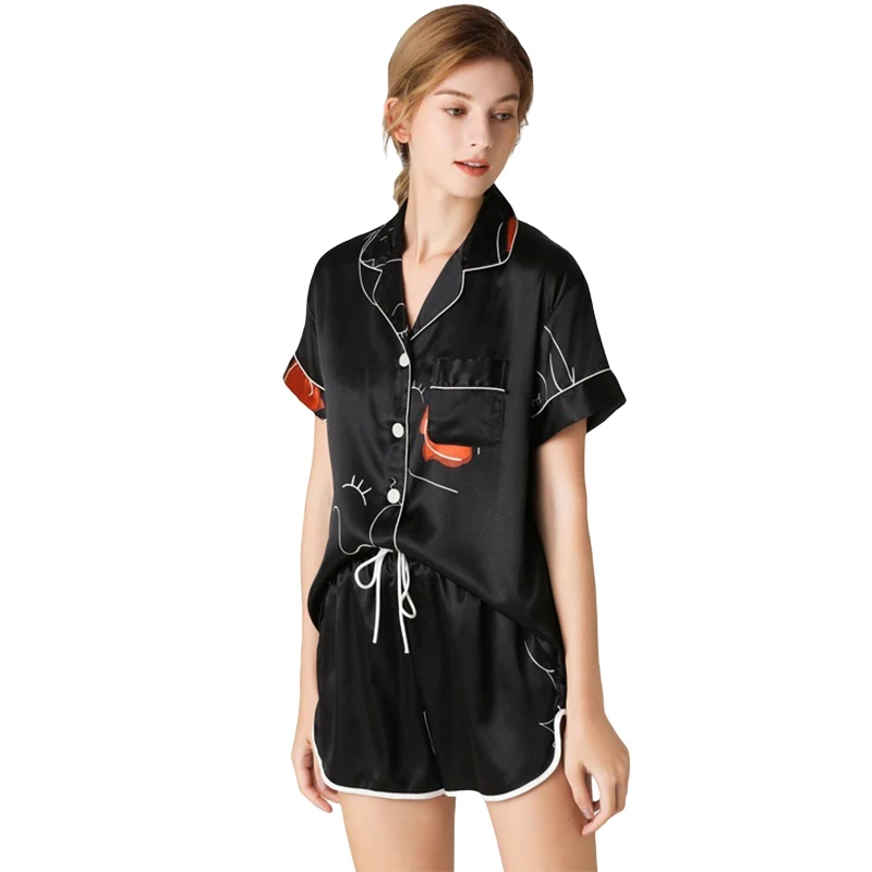 

Атласный пижамный комплект, одежда для сна, летняя женская рубашка с коротким рукавом и пуговицами и шорты, домашняя одежда, пижамный компле...
