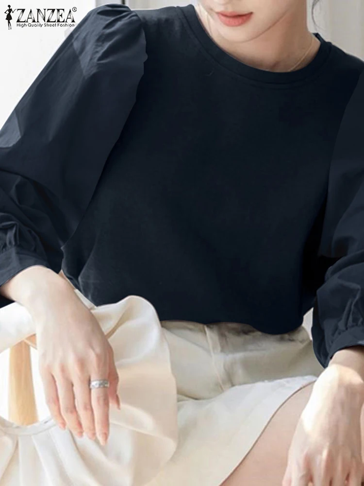 

Patchwork O-Neck Solid Color Mujer Button Holiday Blusas Loose Casual Elegant Chemise ZANZEA Women Spring Long Sleeve Blouse