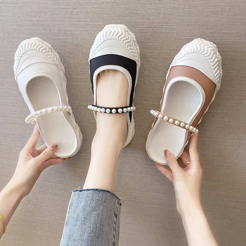 

2022 New Summer Women's Muller Slippers Casual Fashion All-match Thick-soled Sandals Women Sweet Pearl Woman Flat Shoes Size 41