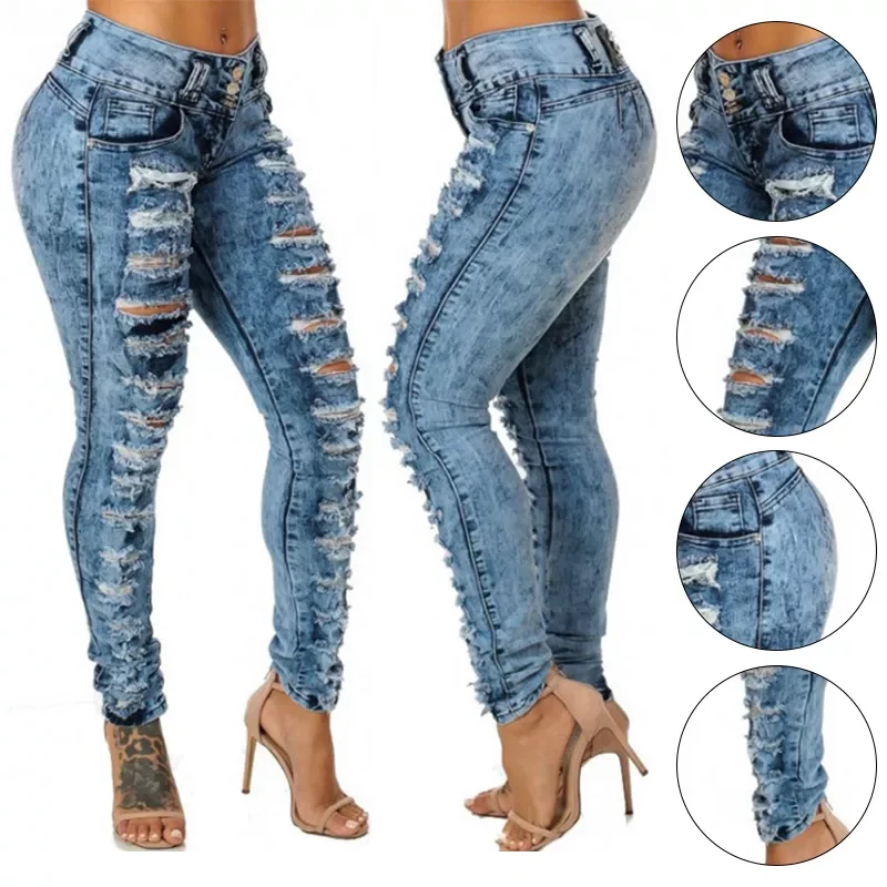 

New2022 Sexy High Waist Pencil Jeans Casual Blue Ripped Denim Pants Lady Long Skinny Slim Jeans