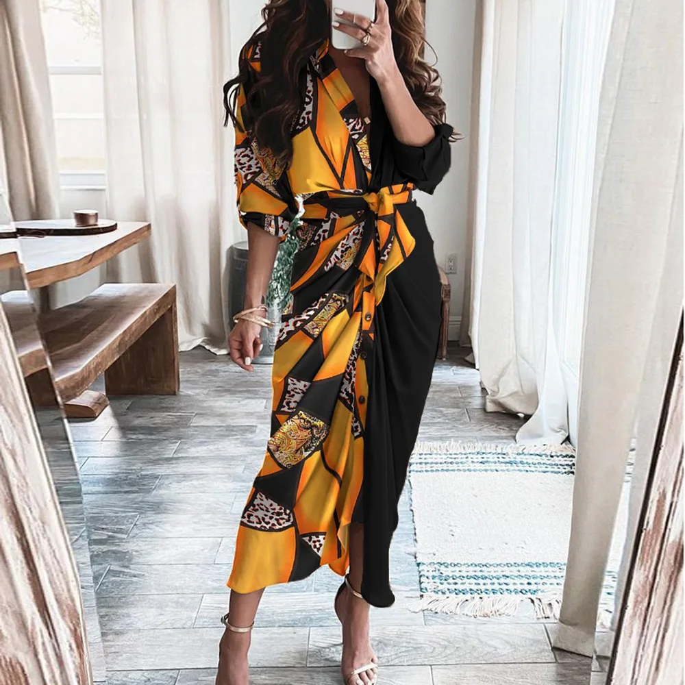 

V Neck Bandage Slit Solid Elegant Business Bodycon Dress Half Sleeve Maxi Shirt Party Robe Fashion Sexy Printed Office Dresses