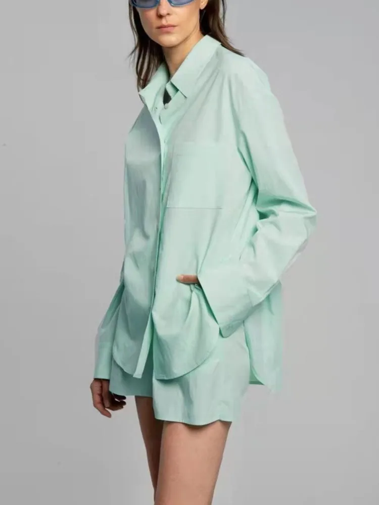 Fashion Female Two-piece Set Shorts and Blouse Lady Turn-down Collar Shirt with Pocket Elastic Short Pants Suit