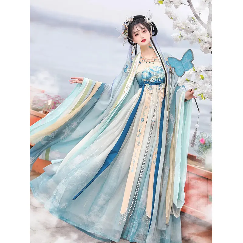 Синее женское платье ханьфу костюм китайской феи с вышивкой традиционный