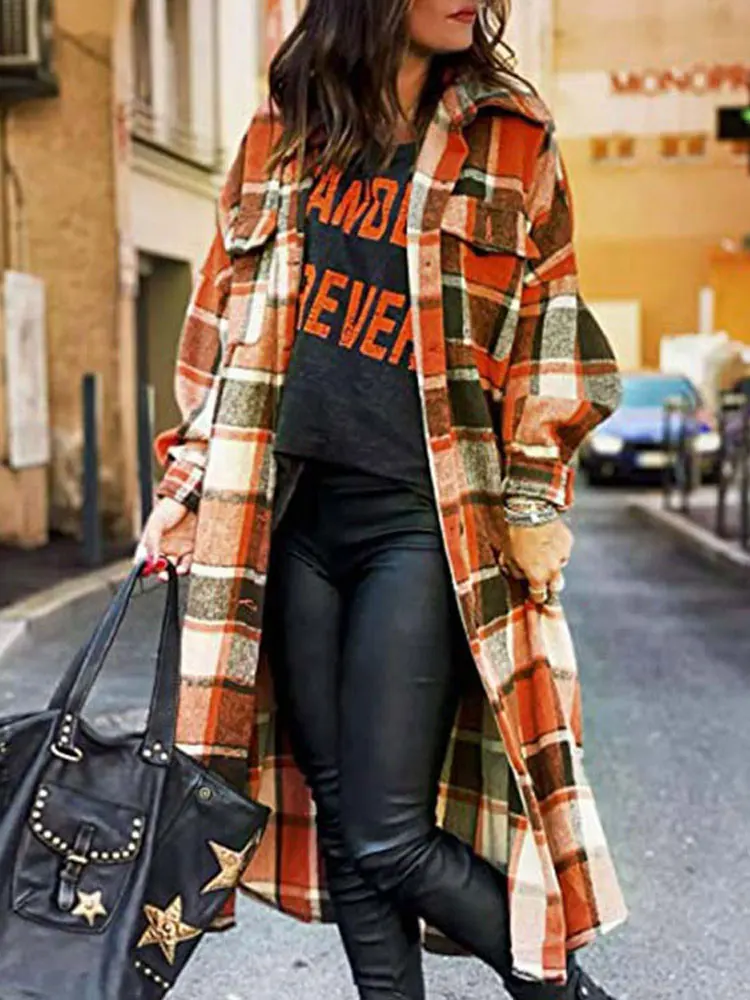 

2023 Autumn Winter Long Jacket Women Checkered Plaid Jacket Coat Women Overshirt Overcoat Warm Button Up Coat For Women