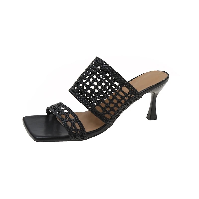 

Women's Open Square Toe Slippers Weaved Design All Match Solid Color Comfy Faddish Stylish 2022 Summer Thin High Heel Slippers