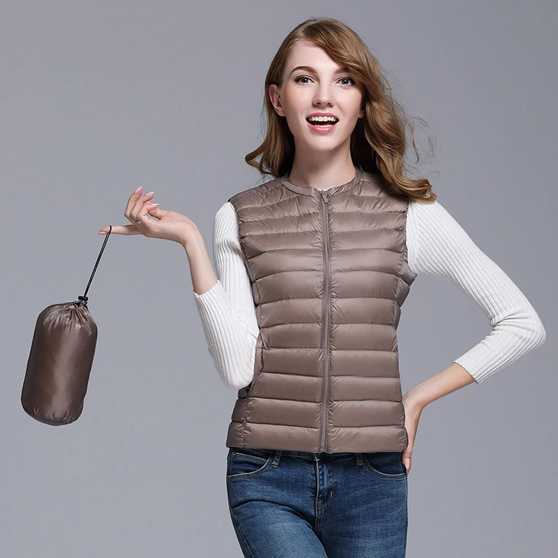 New Women 90% White Duck Down Vest Women Ultra Light Duck Down Vest Jacket Autumn Winter Round Collar Sleeveless Coat