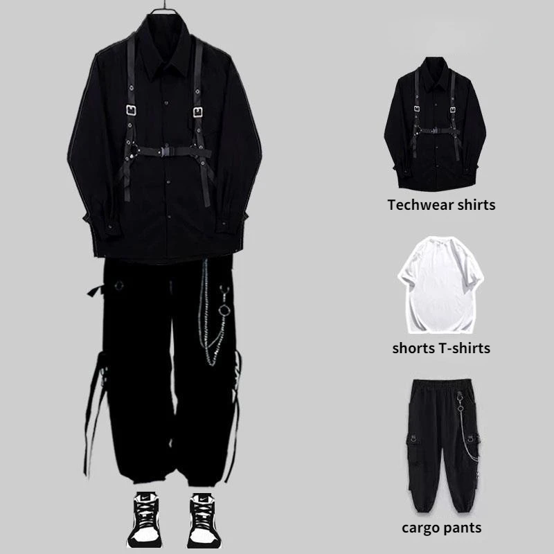 

Techwear Men's Sets Punk Black Cargo Pants Men's Shirt Kit Long Sleeve Shirts Korean Streetwear Hip Hop Harajuku Spring