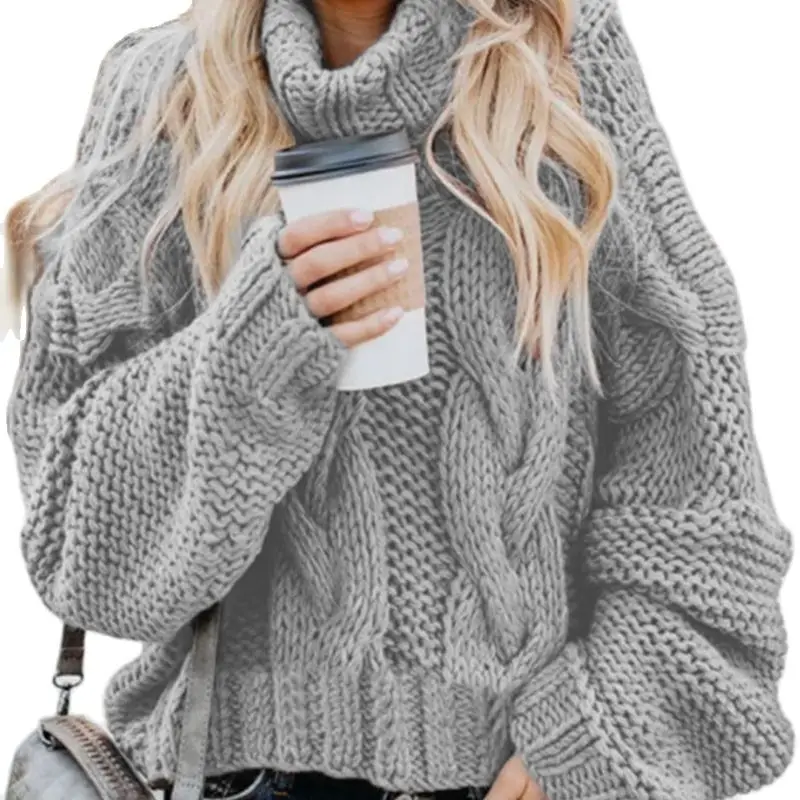 Womens Soft Comfy Cable Knit Turtleneck Pullover Sweaters  Turtle Cowl Neck Solid Color Loose Long-sleeved Twist Short Sweater