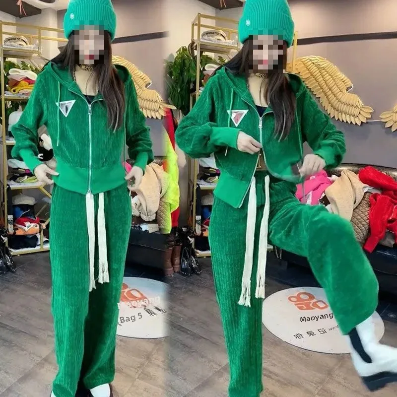 Fashionable Casual Hooded Zip-Up Cardigan Bell Bottoms Women's Autumn/Winter 2-Piece Set High-End Web Red Popular Style |