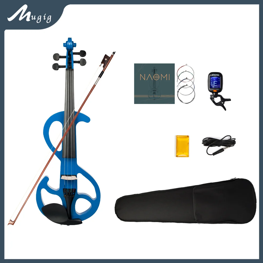 Mugig 4/4 Solid Wood Advanced Electric Violin Silent Violin Kit Full Size with Ebony Fingerboard Chin Rest Blue Violin Set