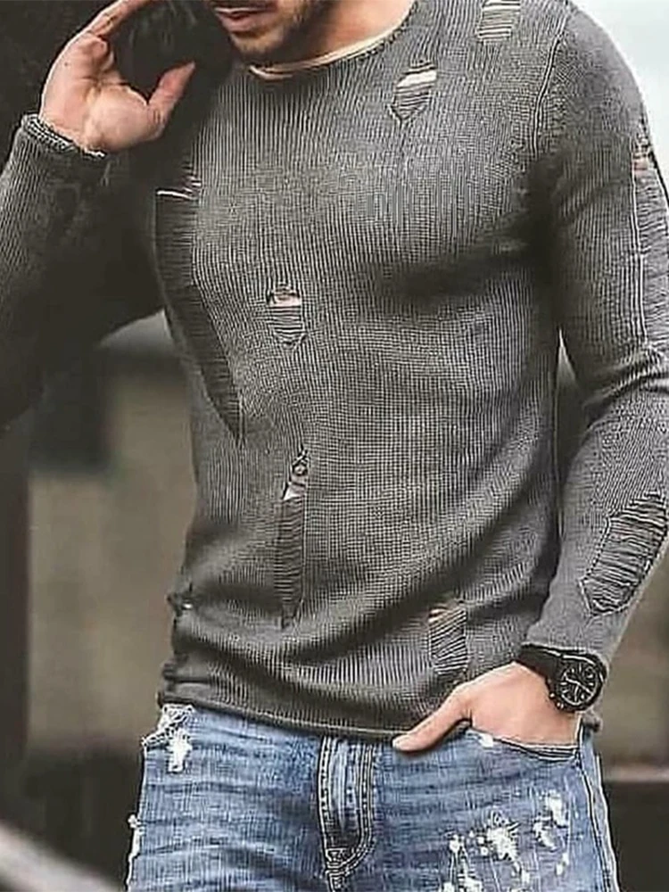 

Fashion Solid Ripped Pullover Tops Men Spring Casual Long Sleeve O-Neck Loose Sweaters Mens Clothing Vintage Jumpers Streetwear