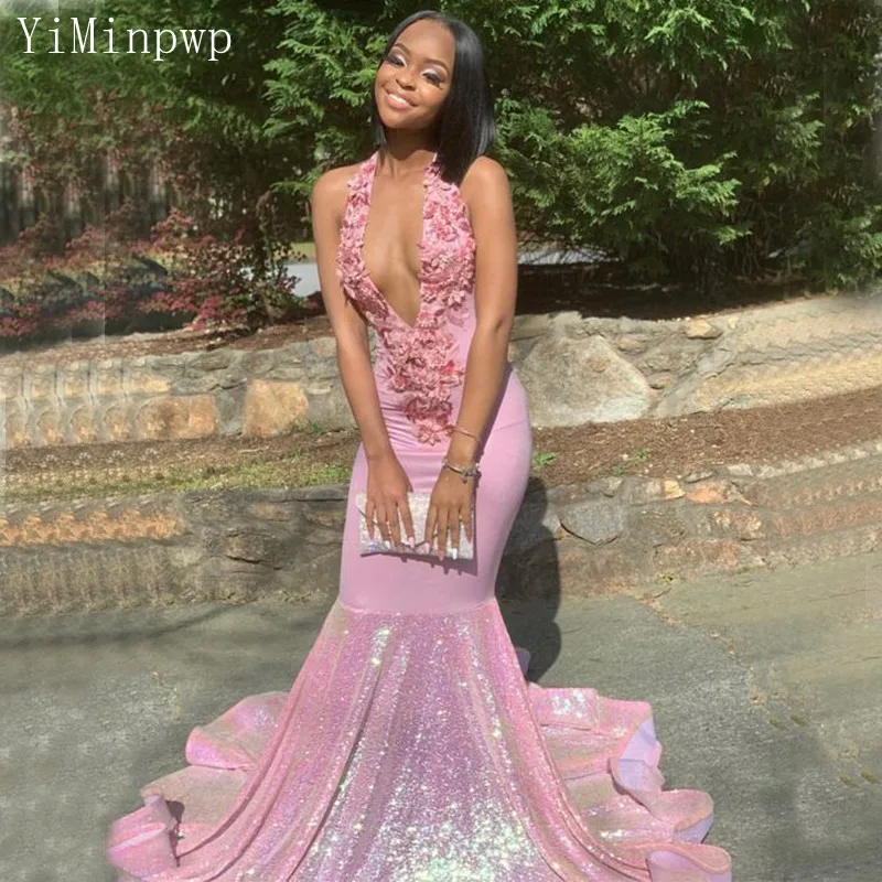 

YiMinpwp Pink Mermaid Prom Dresses for Black Girl Halter Backless Sweep Train Appliques Sequined Long Graduation Party Gowns